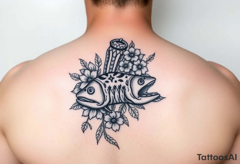 Tiki, Blumen, Wellen, Tintenfisch, Schildkröte, #299 (Klein), schwarz, old school tattoo idea