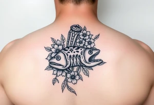 Tiki, Blumen, Wellen, Tintenfisch, Schildkröte, #299 (Klein), schwarz, old school tattoo idea