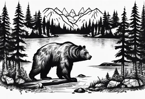 bear, forest, lake, appalachia, arm sleeve tattoo tattoo idea