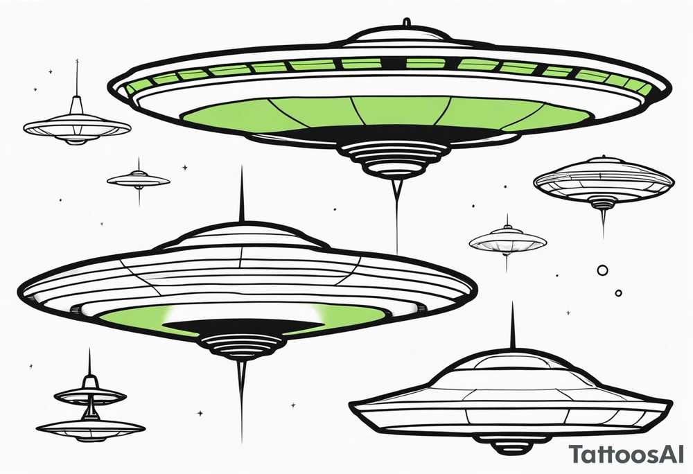 engineer Drawing of an alien flying saucer in three projections tattoo idea