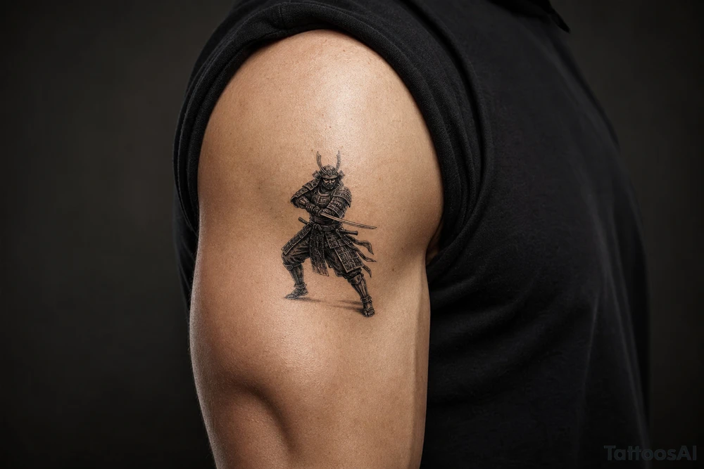Full body samurai warrior in black and grey, mask prominent, dynamic battle pose, muted tones. tattoo idea