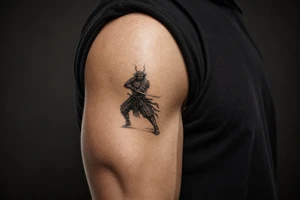Full body samurai warrior in black and grey, mask prominent, dynamic battle pose, muted tones. tattoo idea
