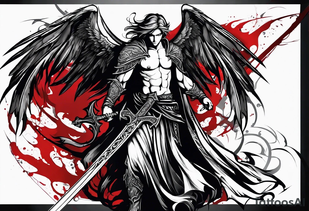 Male Angel with gothic wings and a sword with blood dripping from it. One side of angle represents darkness and the second of the angle represents light tattoo idea