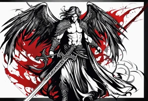 Male Angel with gothic wings and a sword with blood dripping from it. One side of angle represents darkness and the second of the angle represents light tattoo idea