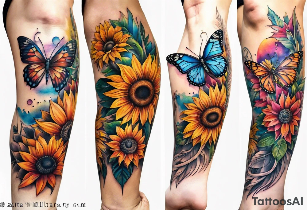 Quarter Leg sleeve with dreamcatcher, rainbow sunflowers and one butterfly tattoo idea