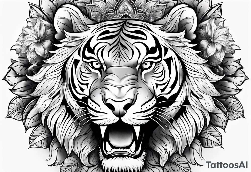 Flower with the middle as an open tiger mouth tattoo idea