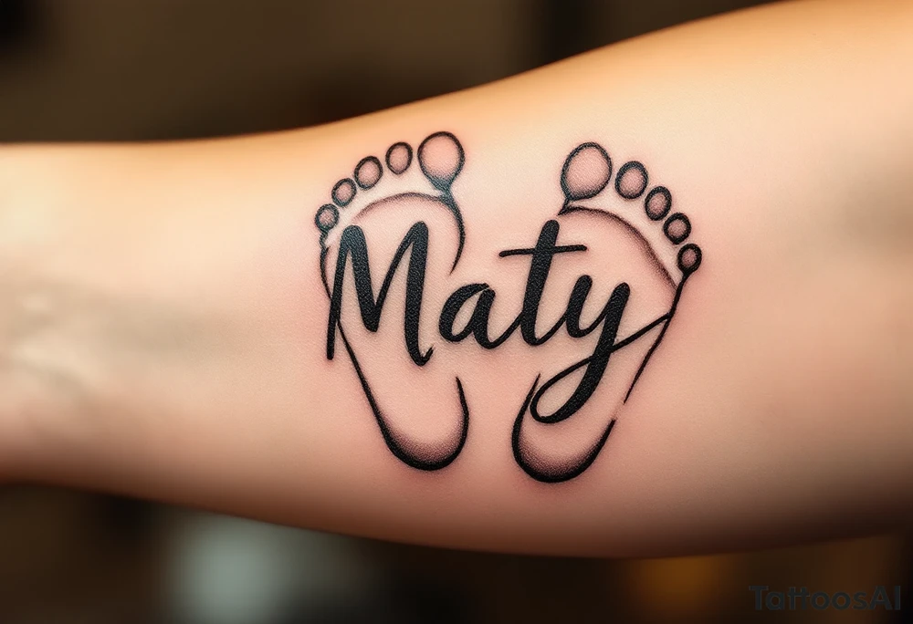 Warm, sandy beige and light green footprints of Maty name under it , with a heart-shaped outline to symbolize his love-filled steps in life. tattoo idea