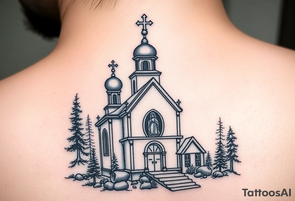 Traditional russian orthodox church in a wilderness setting with a prominent orthodox style virgin mary tattoo idea