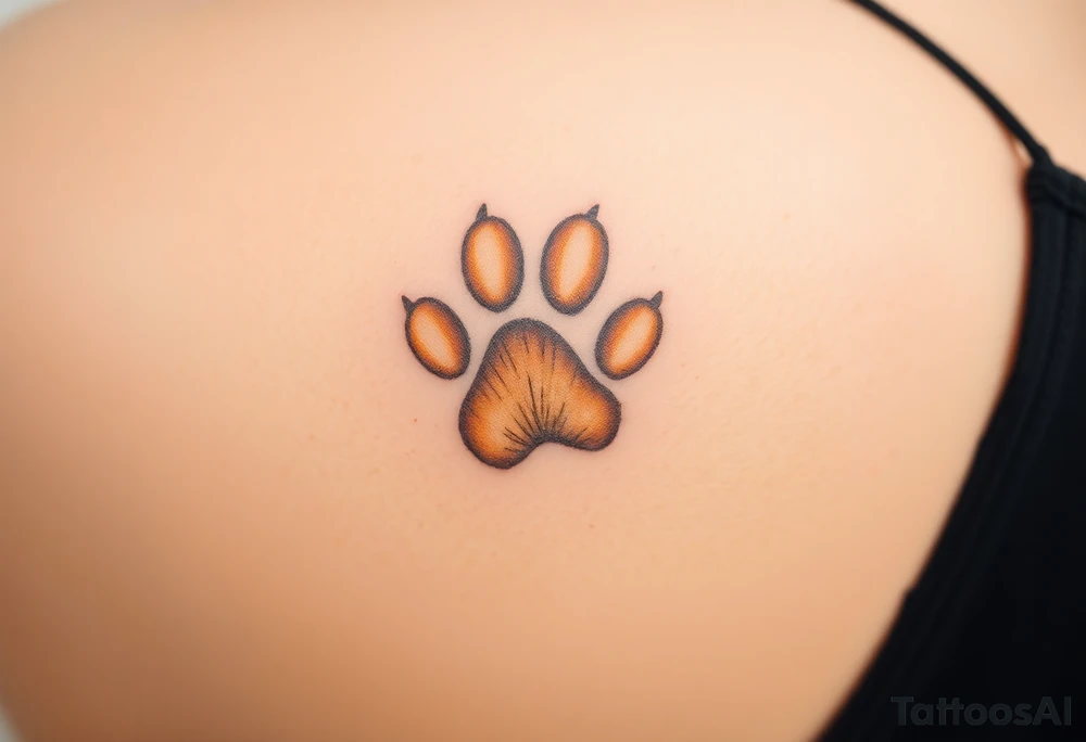 dog paw with fine fur details and warm shades of golden brown, caramel, and soft beige for a lifelike effect as heart tattoo idea
