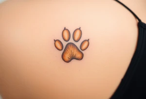 dog paw with fine fur details and warm shades of golden brown, caramel, and soft beige for a lifelike effect as heart tattoo idea