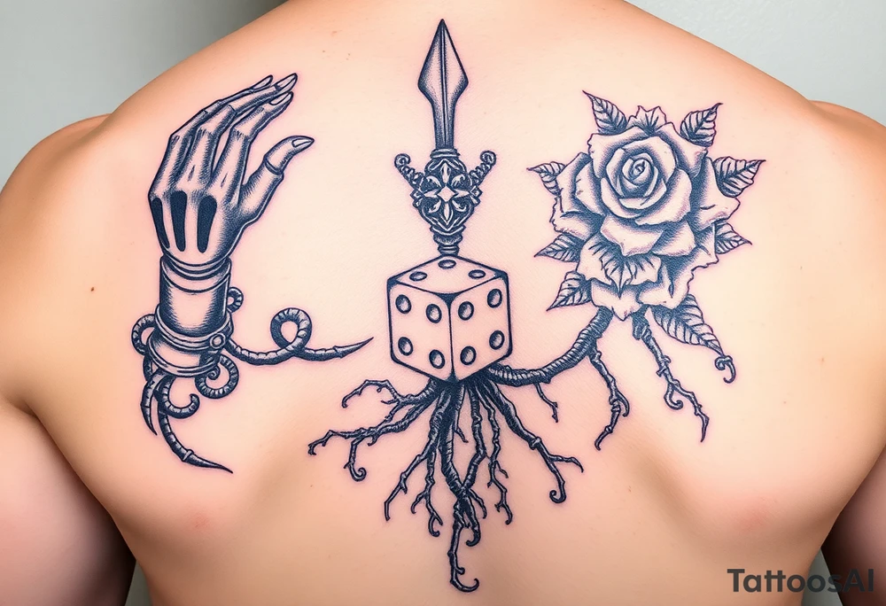 Gods hand, squid, knight with roses and tree roots rolling dice tattoo idea