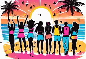 1980's miami vice style beach dance 
party, include confetti, music notes, boom box, SILHOUETTE bikinis sunset in the center tattoo idea