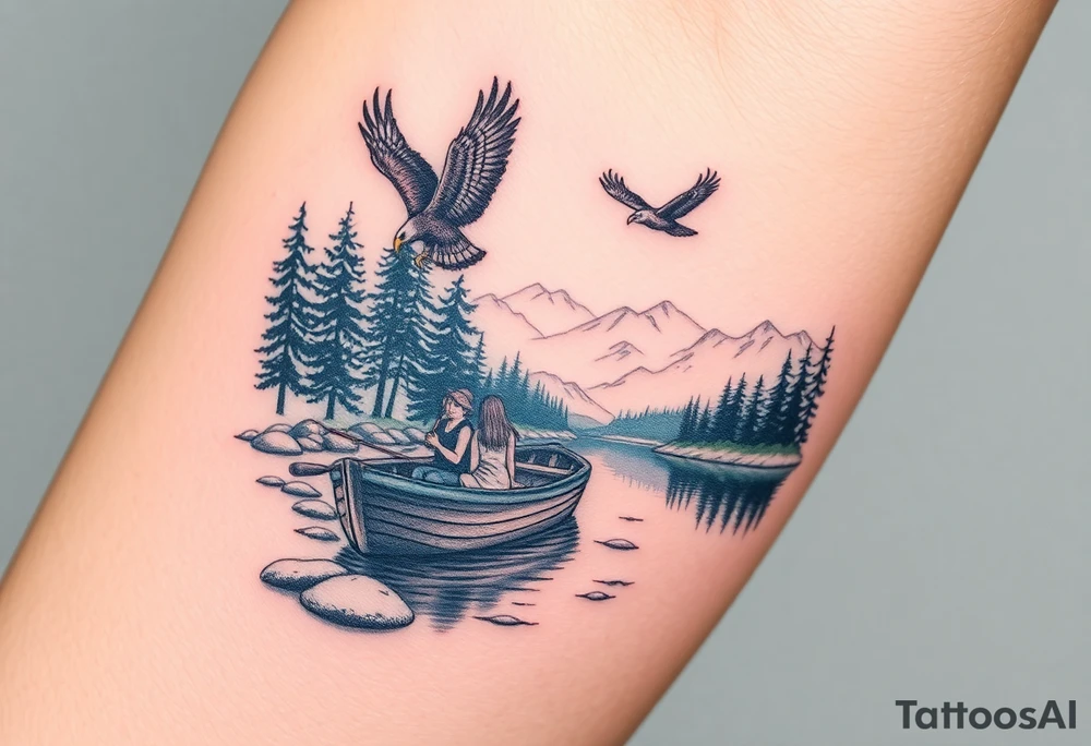 Northern river with evergreen along side river with a fishing boat with two with eagle flying in the sky and women and girl sitting on doc back facing tattoo idea