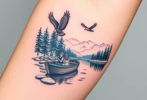 Northern river with evergreen along side river with a fishing boat with two with eagle flying in the sky and women and girl sitting on doc back facing tattoo idea