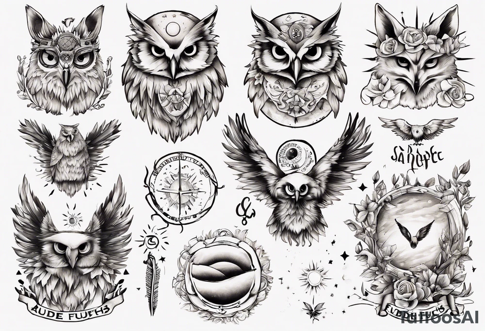 halb 
Fuchs halb Eule unter der Sonne mit dem Schriftzug Sapere Aude tattoo idea