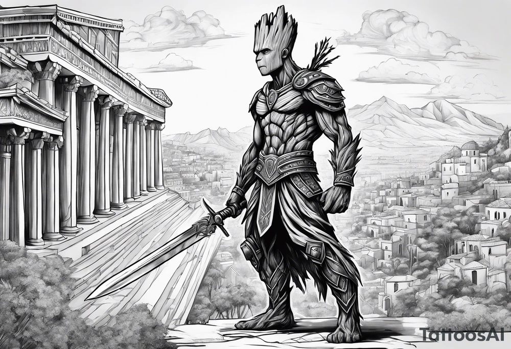 Groot greek warrior, half viewed with sword, knight, buildings are behind tattoo idea