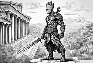 Groot greek warrior, half viewed with sword, knight, buildings are behind tattoo idea