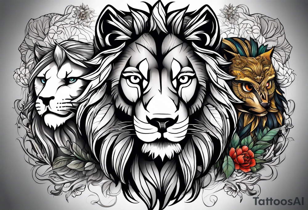 A lion, a Wolf and an owl. tattoo idea