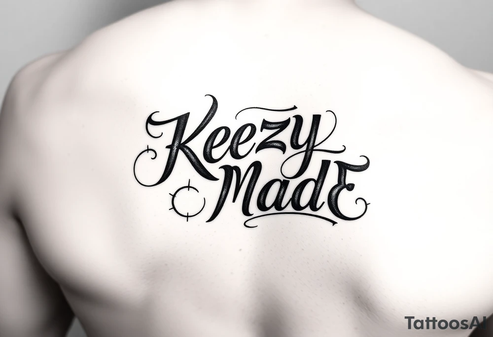 A fancy but rugged intertwined circular arched curvy lettering that would be clothing brand style that says (KeezY MadE) tattoo idea