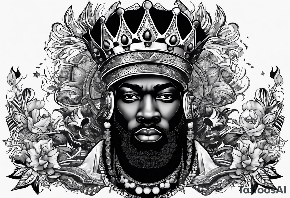 A black king surrounded by music tattoo idea