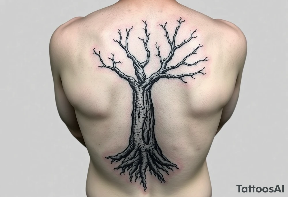 Entire arm tattooed like tree bark with roots at the bottom around the wrist and branches into three at the top by the shoulder tattoo idea