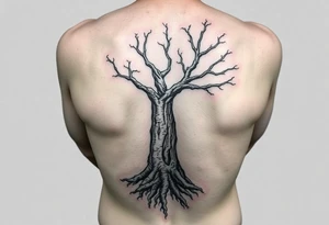 Entire arm tattooed like tree bark with roots at the bottom around the wrist and branches into three at the top by the shoulder tattoo idea