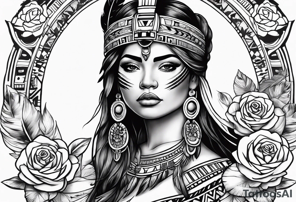 Aztec princess with roses and feathers tattoo idea