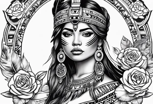 Aztec princess with roses and feathers tattoo idea