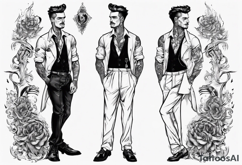 One handsome man, full-length, no hat, earrings in his ears stands smoking a cigarette tattoo idea