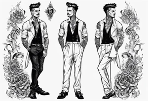 One handsome man, full-length, no hat, earrings in his ears stands smoking a cigarette tattoo idea