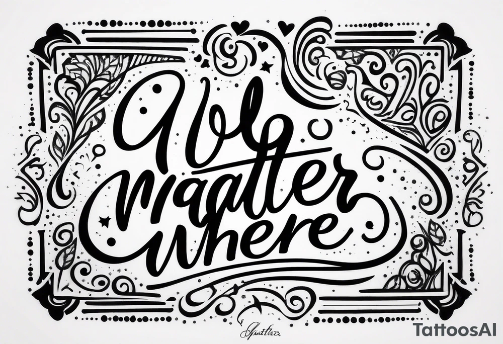 Quote “no matter where” in cursive, glyph at the end, sparkles tattoo idea