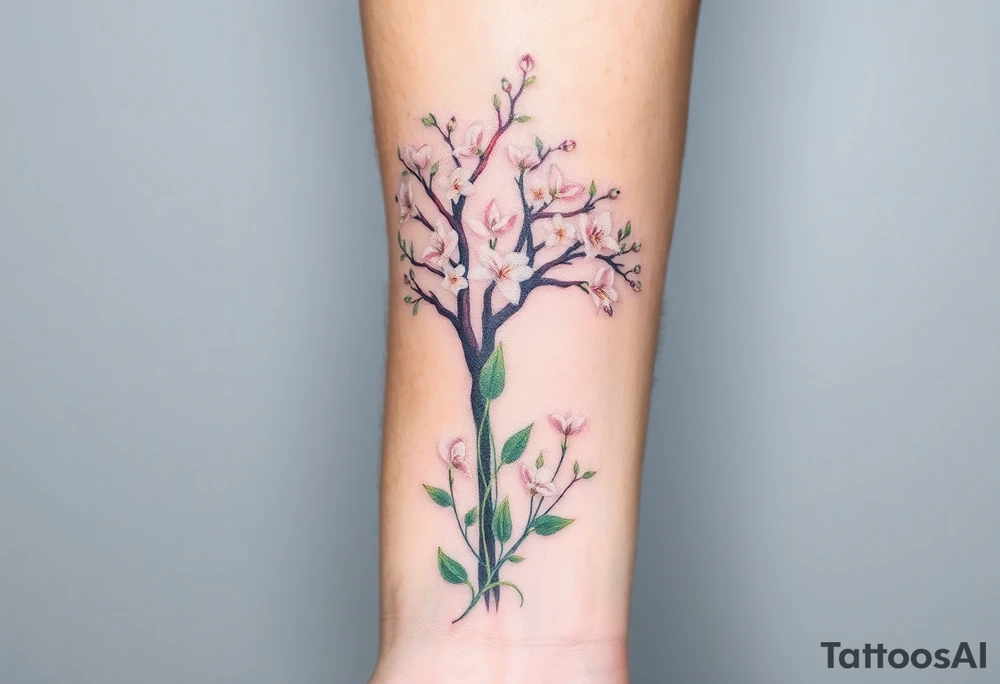 Lilly of the vally plants on the ground underneath a blooming hawthorn tree tattoo idea