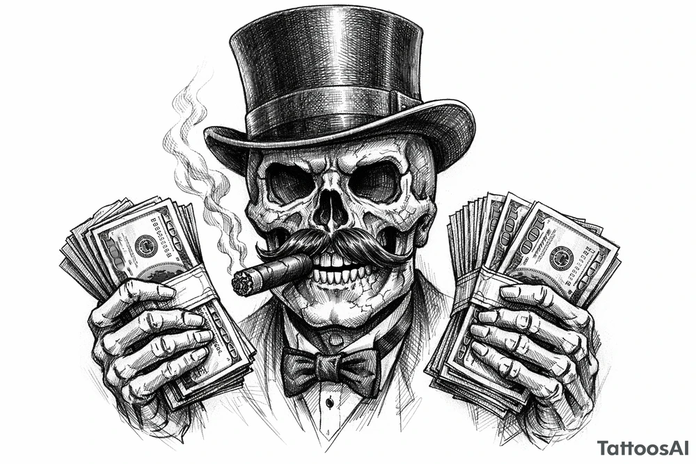 skull with mustache,top-hat,cigar in his mouth,money in both hands. tattoo idea