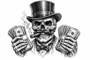 skull with mustache,top-hat,cigar in his mouth,money in both hands. tattoo idea