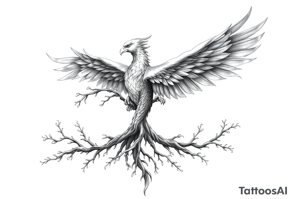 Powerful Phoenix rising large 
tree of life tattoo idea