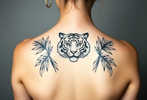 Tiger surrounded by palm leaves tattoo idea