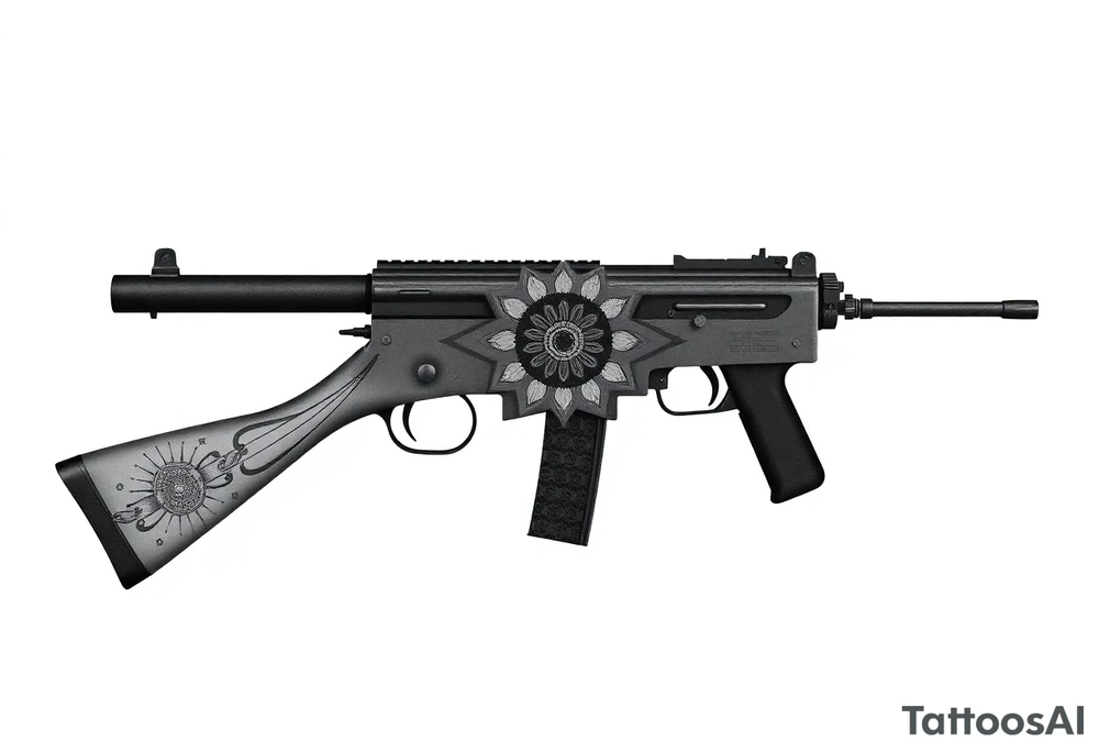 "Minimalist black tattoo of a Maxim M1910 machine gun (side view) where:  
1. Barrel transforms into a Tibetan mandala (геометрический узор, 8 спиц)  
2. Cooling jacket (водяная рубашка) стилизована под буддийские колеса сансары  
3. Прицел — крошечное зеркальце (1-2 мм), встроенное в кожу  
4. Лента патронов становится буддийской молитвенной лентой с микротекстом «Ом мани падме хум»  

Стиль:  
- Чистая линия (1 мм толщиной) + точечная штриховка для объема  
- Без теней, только черные чернила  
- Размер: 10 см в длину (вдоль предплечья)  

Философская отсылка:  
«Оружие как инструмент просветления» (из «Чапаева и Пустоты»)" tattoo idea