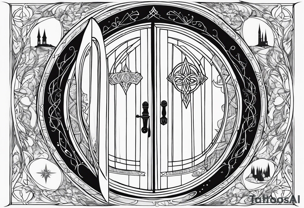Lord of the rings and Harry Potter movie mashup. Small and simple. Hobbit door hole, wands, elvish writing, deathly hallows tattoo idea