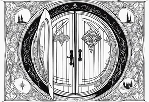 Lord of the rings and Harry Potter movie mashup. Small and simple. Hobbit door hole, wands, elvish writing, deathly hallows tattoo idea