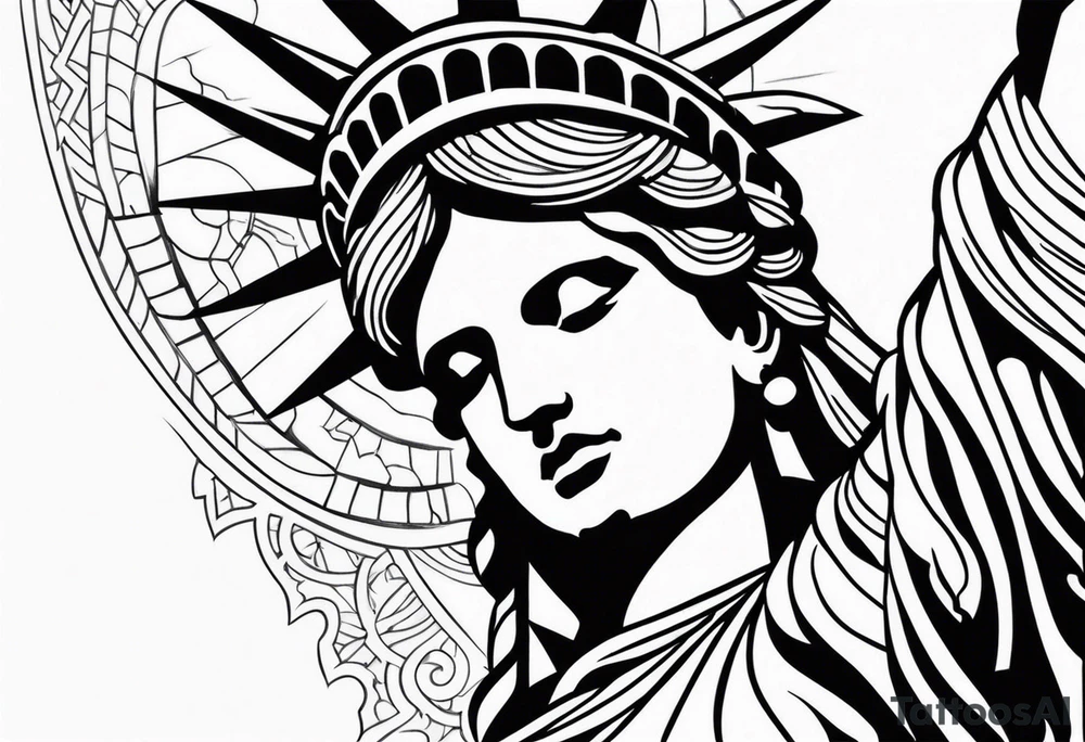 Left arm sleeve tattoo, tribal and statue of liberty tattoo idea