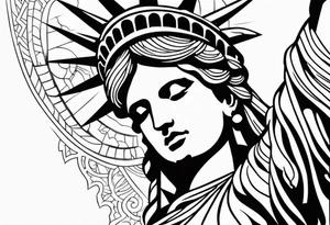 Left arm sleeve tattoo, tribal and statue of liberty tattoo idea