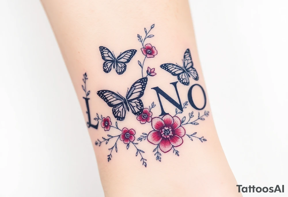 butterflies and flowers 
Letters L,M,N,O,P among the foliage tattoo idea