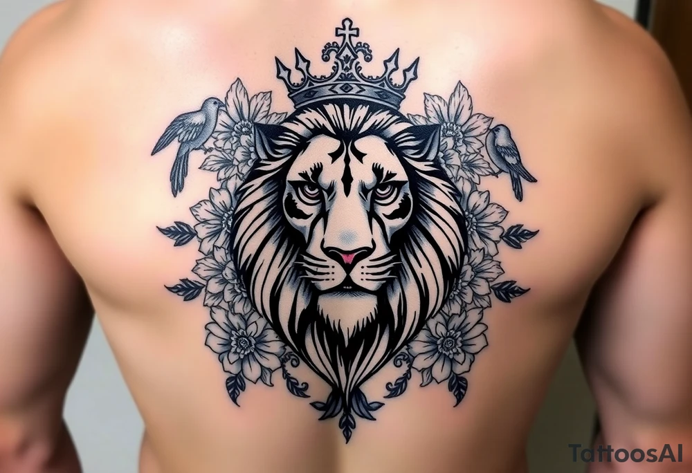 powerful majestic lion with a crown, surrounded by floral ornaments and birds tattoo idea