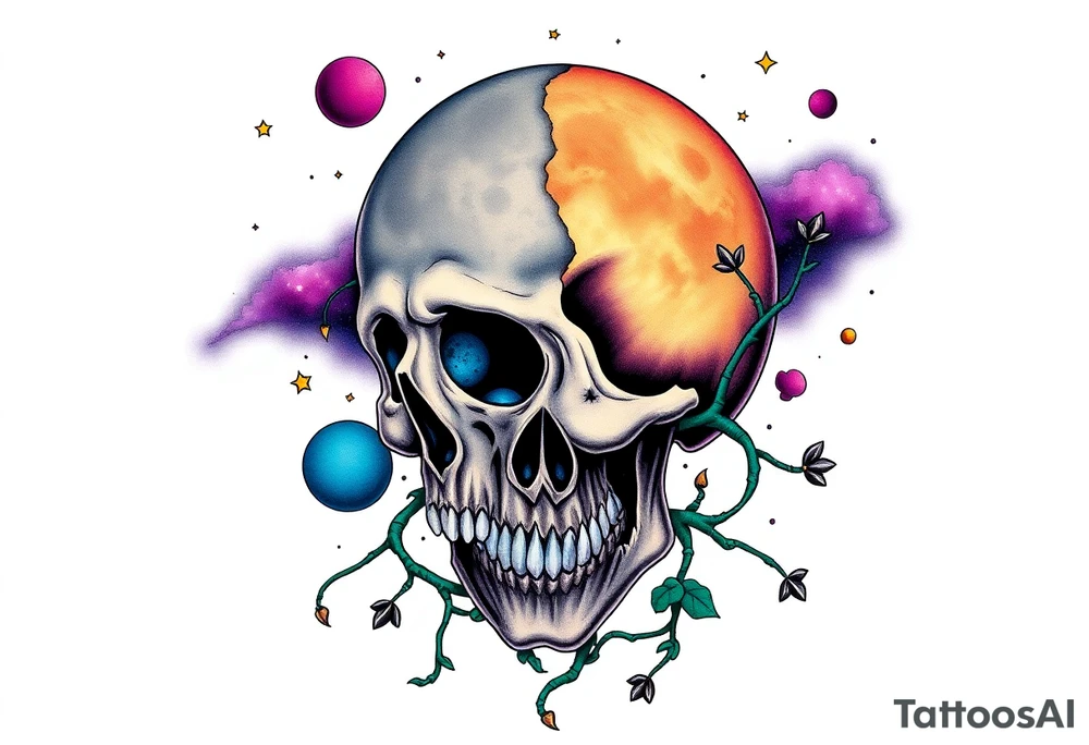gothic skull as the moon and life as the sun. intertwined with climbing  vines as space dust connecting planets and galaxy in background of skull really bright colors used for the planets and stars shade's of Purple, Blue and black as the backdrop for galaxy tattoo idea