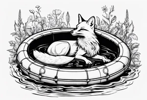 a tatto drawing black and white of a fox floating inside innertube in a pool holding a gun tattoo idea