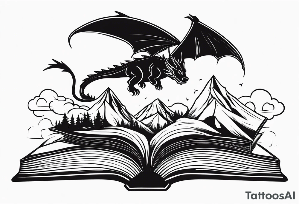 An open magic book. a tiny dragon with four legs flying in the sky. three mountains and a forest coming out of the book tattoo idea