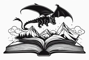 An open magic book. a tiny dragon with four legs flying in the sky. three mountains and a forest coming out of the book tattoo idea