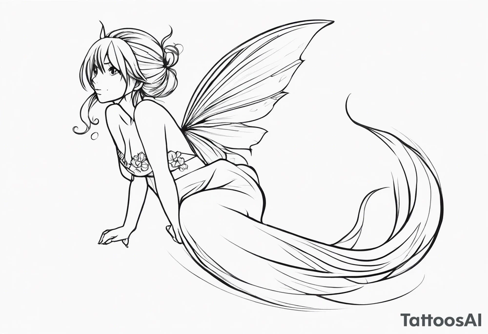 No color sideways sketch of a fairy with a tail inspired by the guild symbol in the anime show called Fairy Tail in a fetal position leaning forward while crawled in with hands a bit forward and her body is an angle while floating in the air with big wings tattoo idea