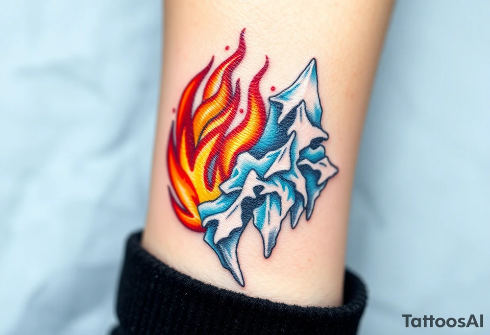 A flame engulfing one side, with rich reds, oranges, and yellows, burning fiercely, while the other side is overtaken by ice, in shades of blue, white, and silver, with frost creeping up and freezing the flames, symbolizing the eternal clash between warmth and cold. tattoo idea