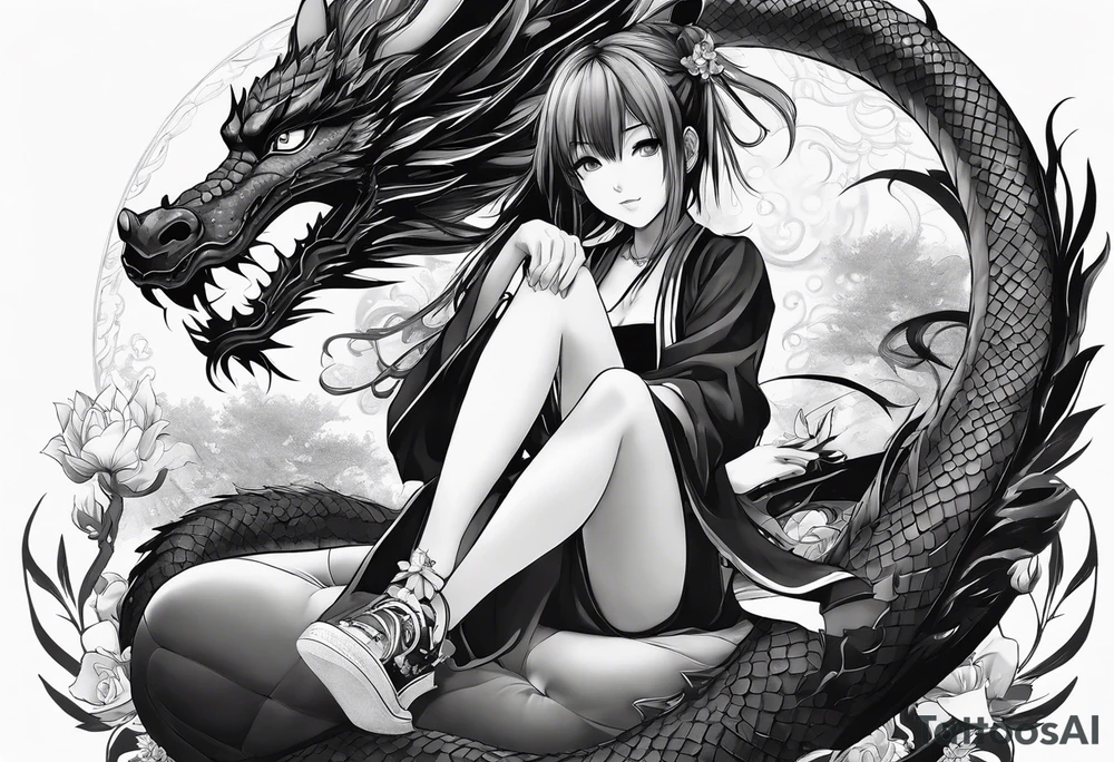 a full shot of an anime girl seen from far, sitting on a ball and surrounded by asian dragon with wings tattoo idea